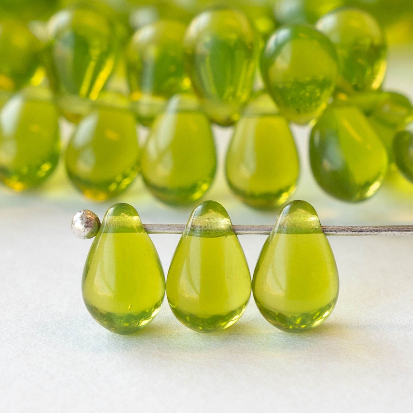 6x9mm Glass Teardrop Beads - Transparent Lime Green - 30 Beads