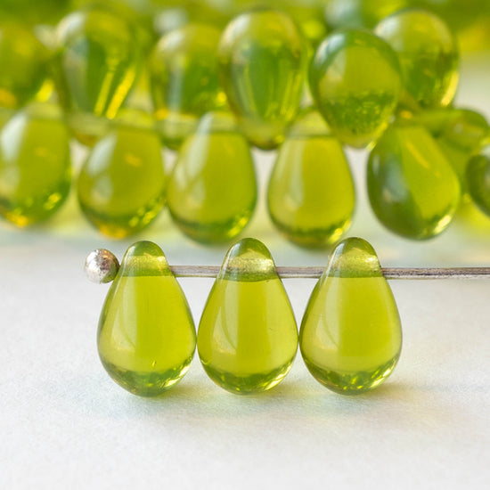 6x9mm Glass Teardrop Beads - Transparent Lime Green - 30 Beads