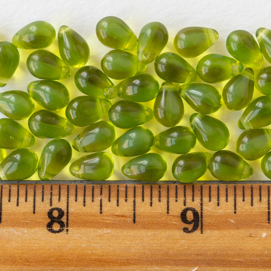 6x9mm Glass Teardrop Beads - Transparent Lime Green - 30 Beads