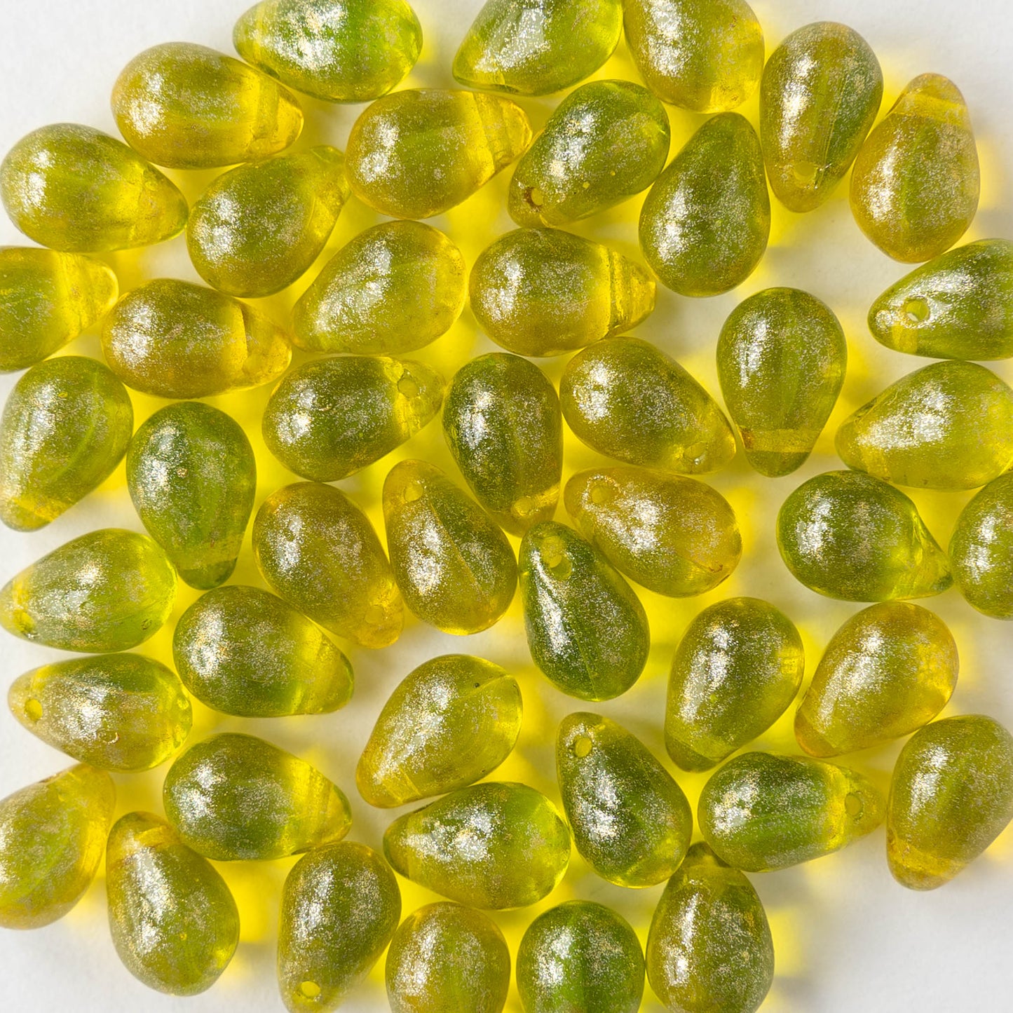 6x9mm Glass Teardrop Beads - Lemon Lime with Gold Shimmer - 30 Beads