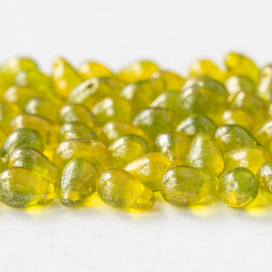 6x9mm Glass Teardrop Beads - Lemon Lime with Gold Shimmer - 30 Beads