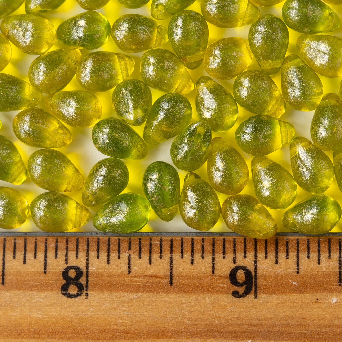 6x9mm Glass Teardrop Beads - Lemon Lime with Gold Shimmer - 30 Beads