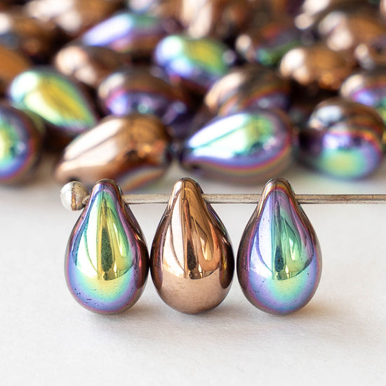 6x9mm Glass Teardrop Beads - Metallic Copper AB - 30 Beads