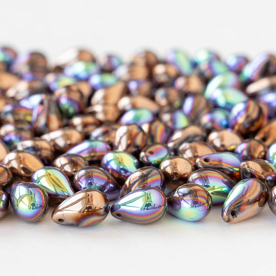 6x9mm Glass Teardrop Beads - Metallic Copper AB - 30 Beads