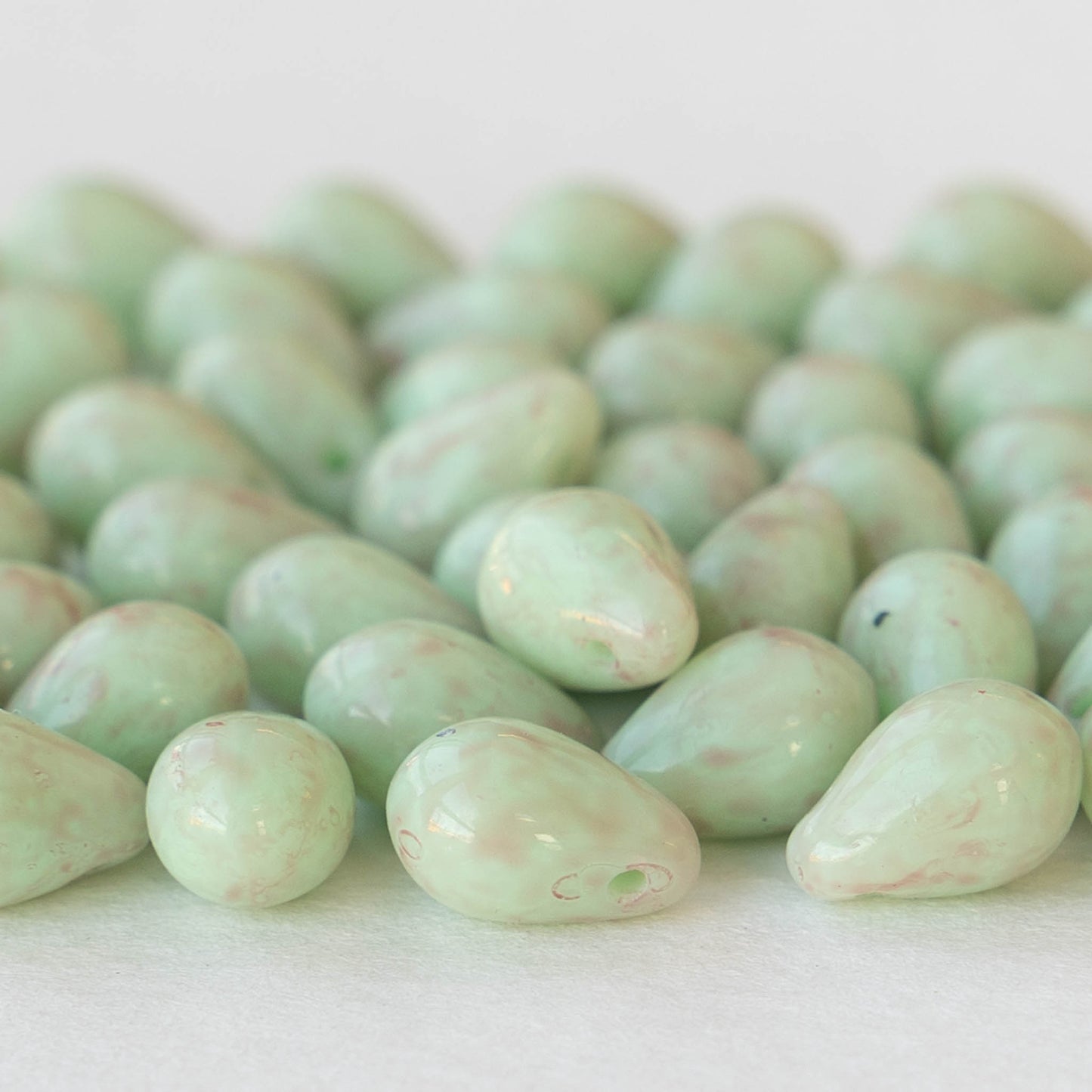 6x9mm Glass Teardrop Beads - Opaque Celadon Green /Pink - 30 Beads