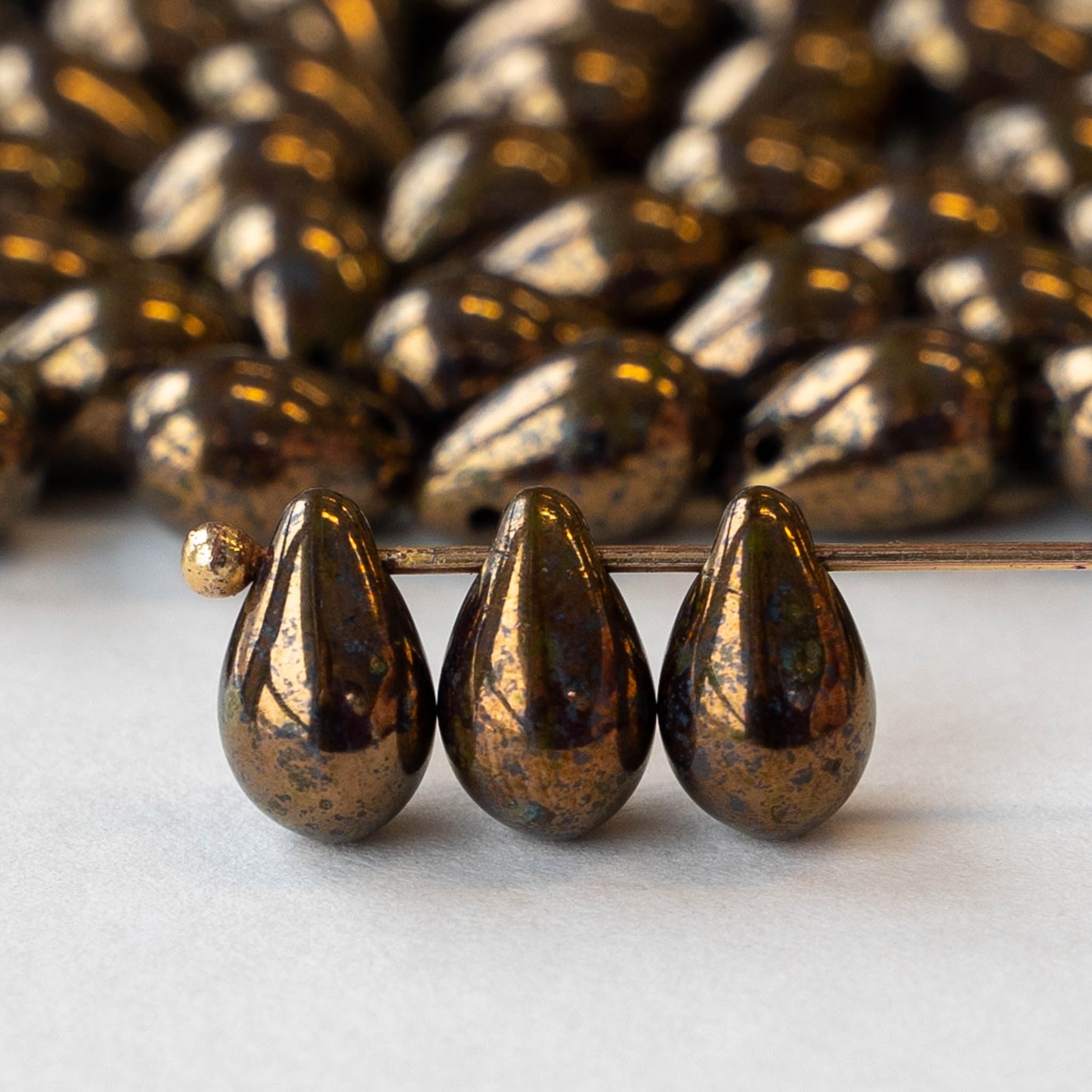 6x9mm Glass Teardrop Beads - Antiqued Bronze - 30 Beads