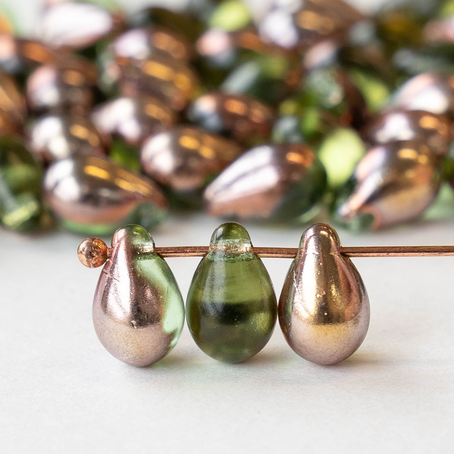 6x9mm Glass Teardrop Beads - Olivine with Gold Bronze - 50 Beads