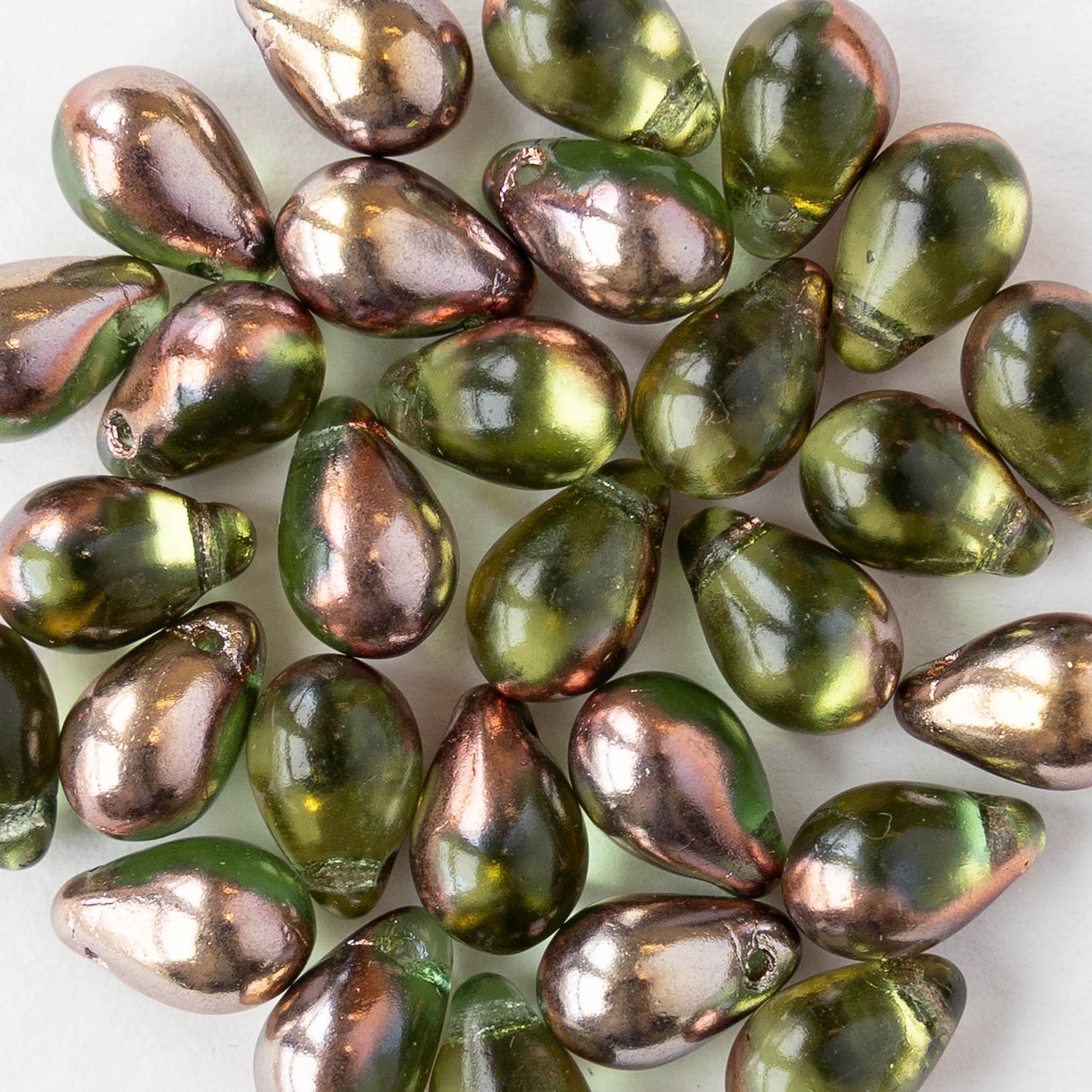 6x9mm Glass Teardrop Beads - Olivine with Gold Bronze - 50 Beads