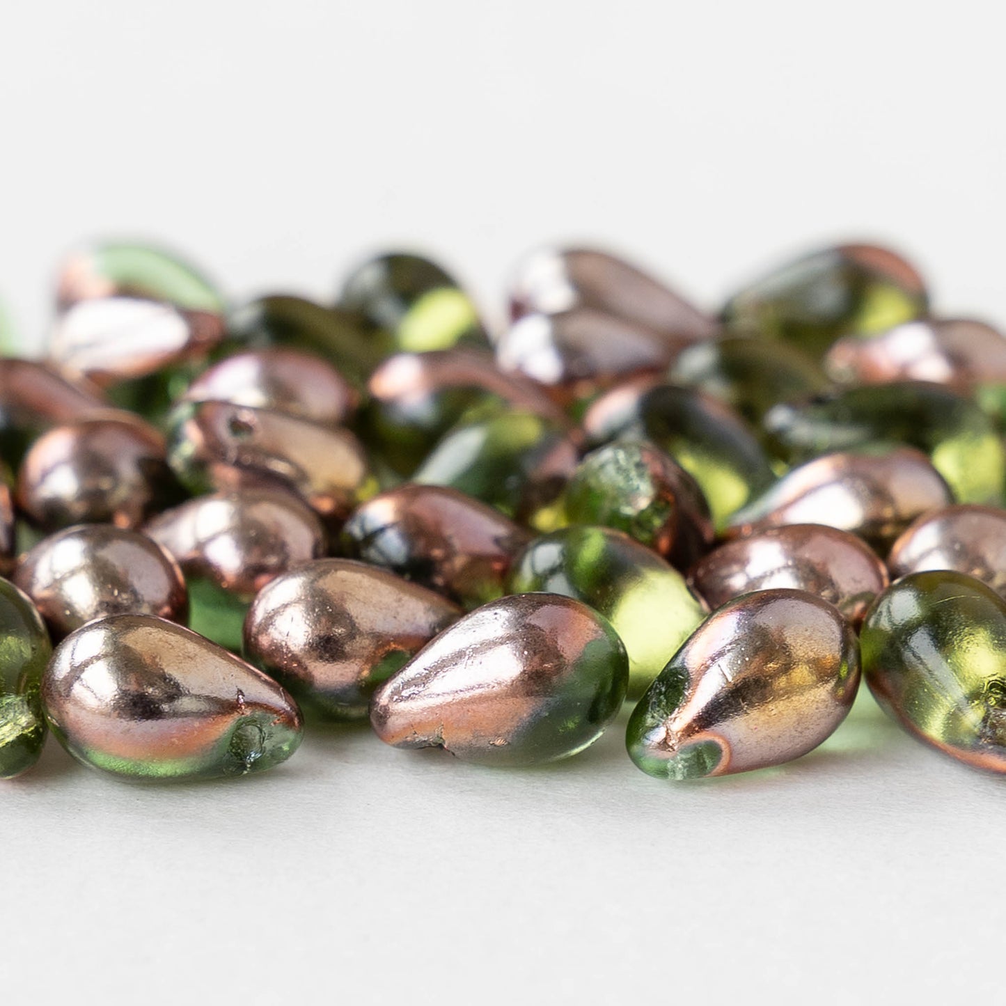 6x9mm Glass Teardrop Beads - Olivine with Gold Bronze - 50 Beads