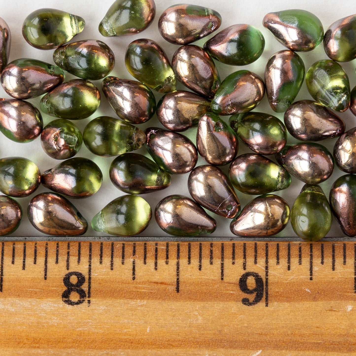 6x9mm Glass Teardrop Beads - Olivine with Gold Bronze - 50 Beads
