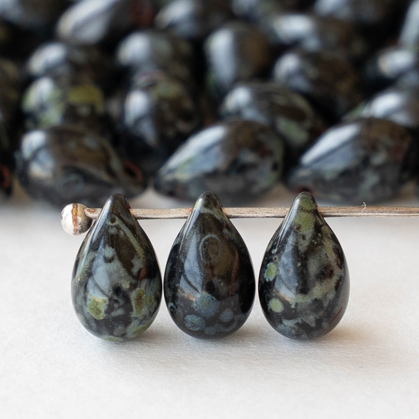 6x9mm Glass Teardrop Beads - Opaque Black Picasso - 60 Beads