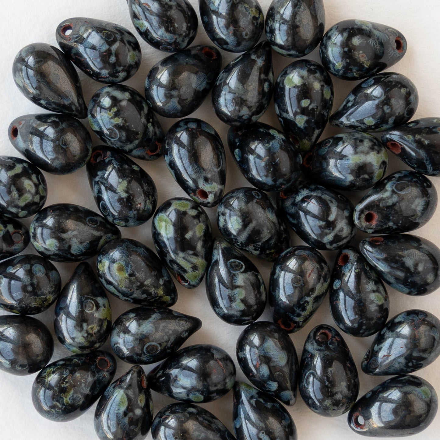 6x9mm Glass Teardrop Beads - Opaque Black Picasso - 60 Beads