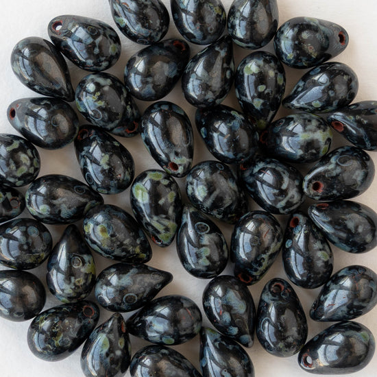 6x9mm Glass Teardrop Beads - Opaque Black Picasso - 60 Beads