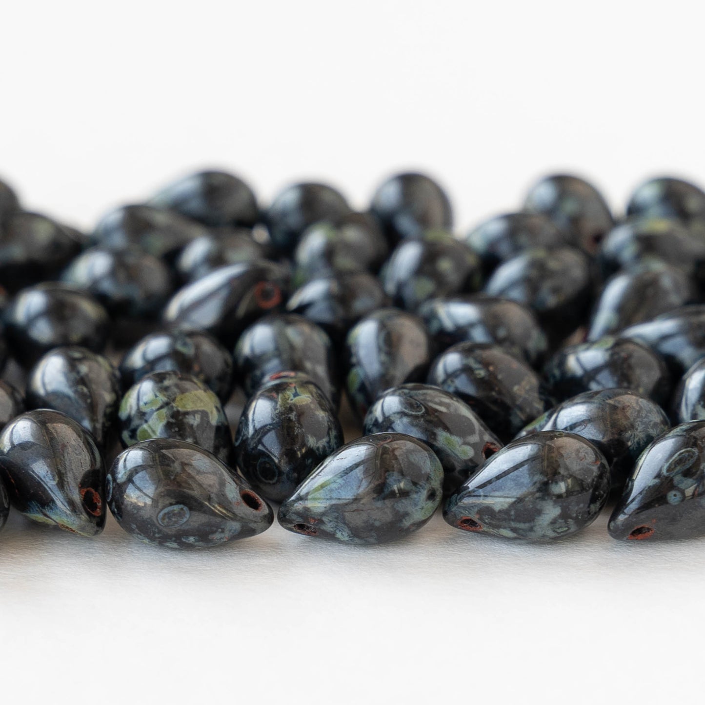 6x9mm Glass Teardrop Beads - Opaque Black Picasso - 60 Beads