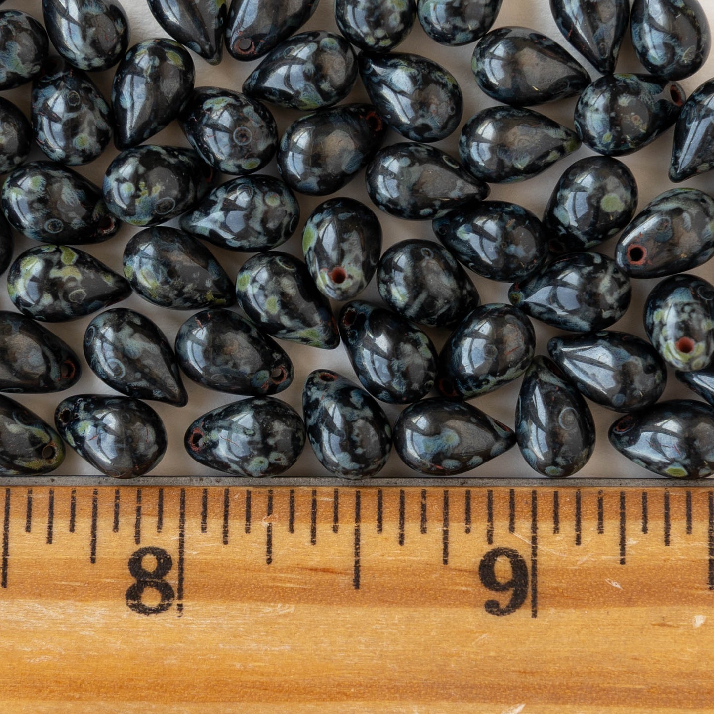6x9mm Glass Teardrop Beads - Opaque Black Picasso - 60 Beads
