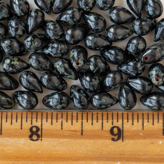 6x9mm Glass Teardrop Beads - Opaque Black Picasso - 60 Beads