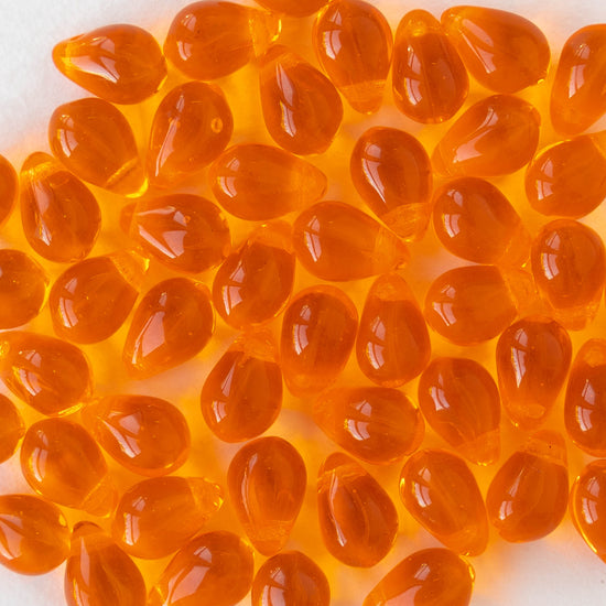 6x9mm Glass Teardrop Beads - Orange Hyacinth - 50 Beads