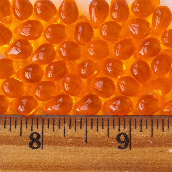 6x9mm Glass Teardrop Beads - Orange Hyacinth - 50 Beads