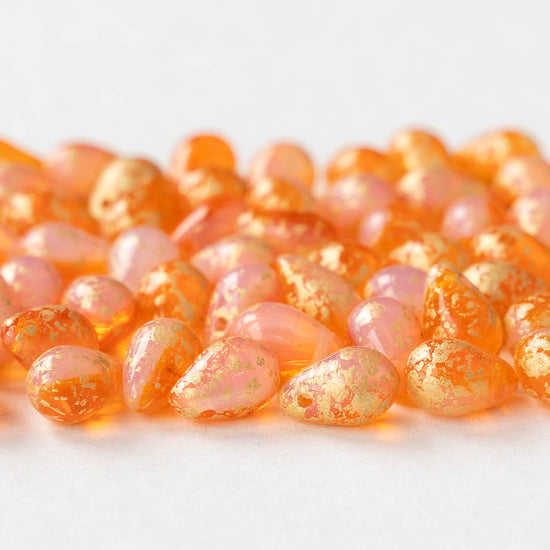 6x9mm Glass Teardrop Beads - Orange and Pink with Gold Dust - 30 Beads