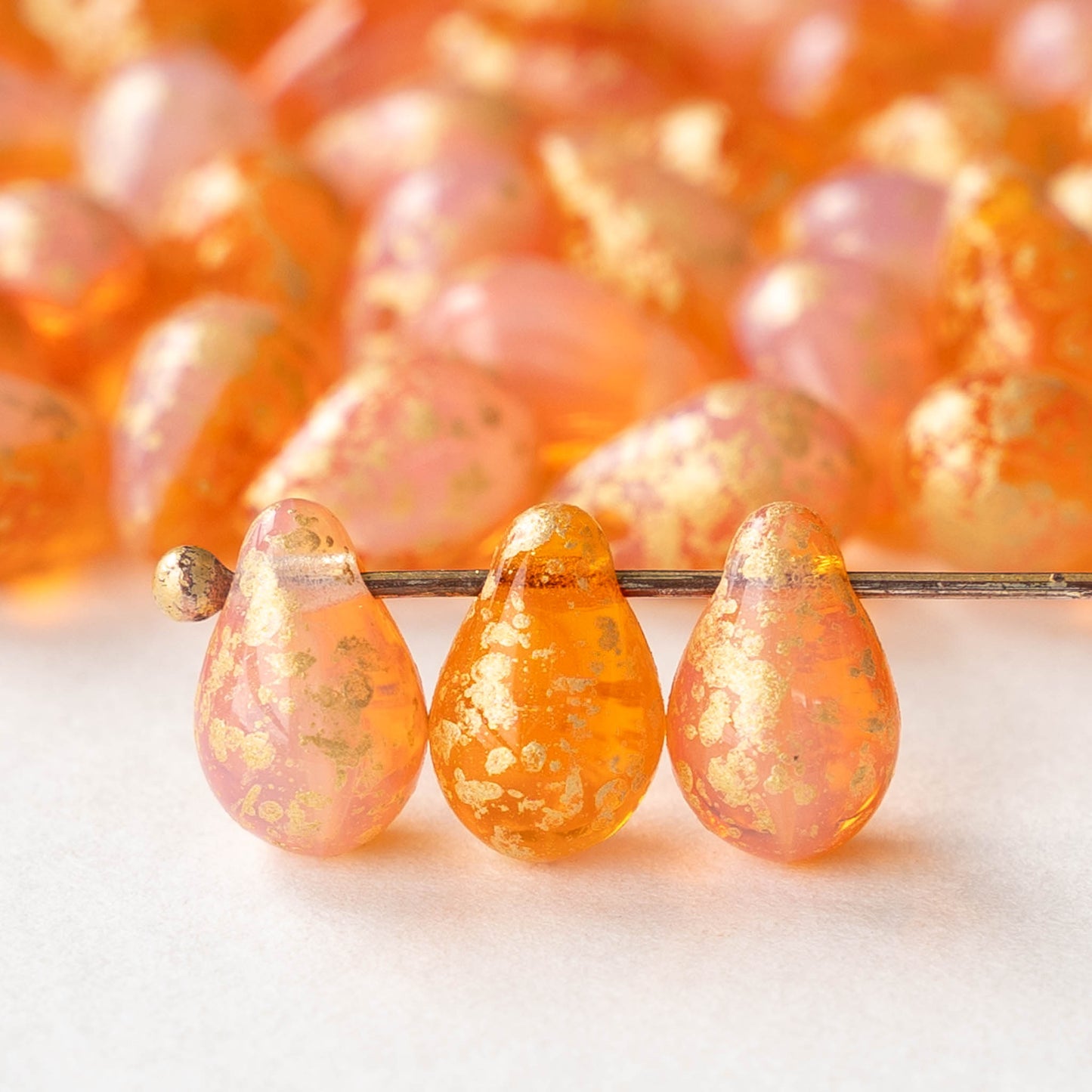 6x9mm Glass Teardrop Beads - Orange and Pink with Gold Dust - 30 Beads