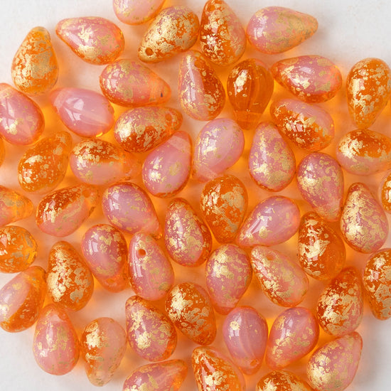 6x9mm Glass Teardrop Beads - Orange and Pink with Gold Dust - 30 Beads