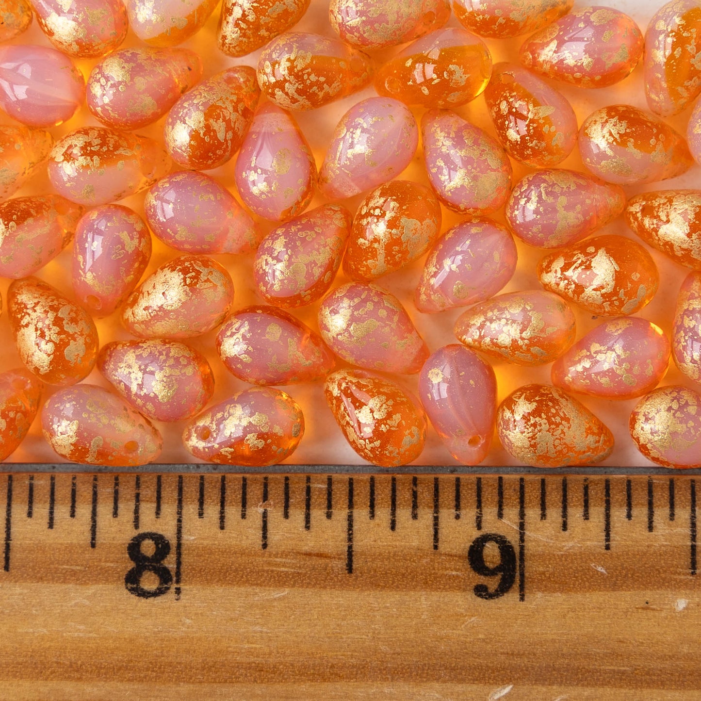 6x9mm Glass Teardrop Beads - Orange and Pink with Gold Dust - 30 Beads