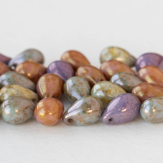6x9mm Glass Teardrop Beads - Opaque Luster Picasso Mix - 25 beads