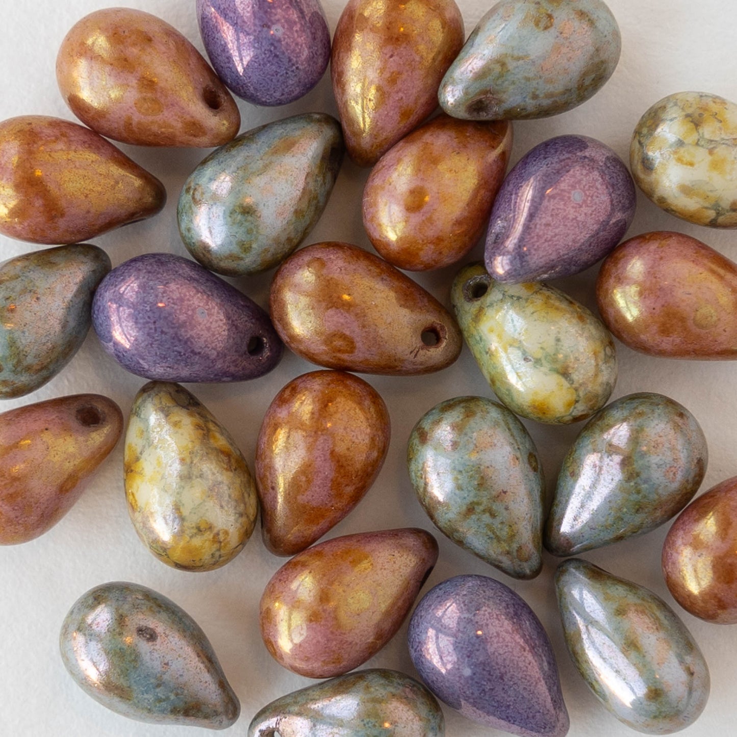 6x9mm Glass Teardrop Beads - Opaque Luster Picasso Mix - 25 beads