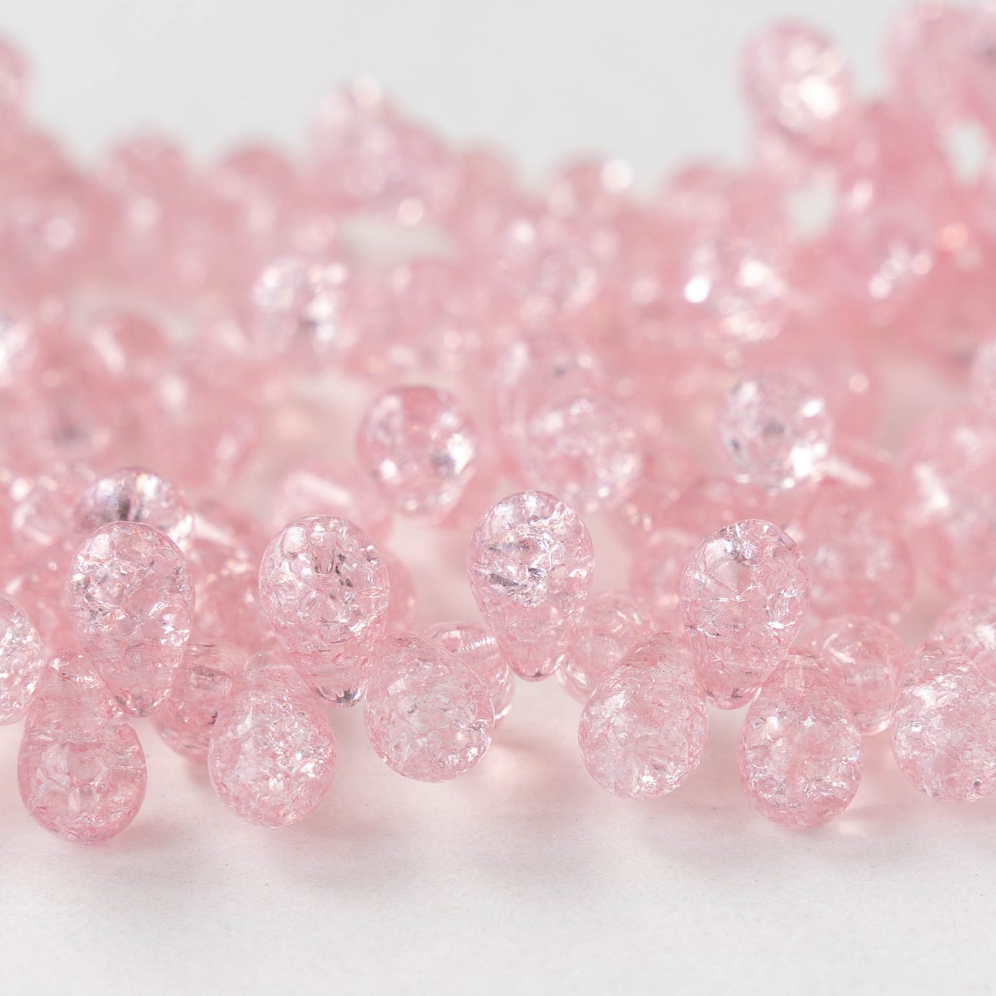 6x9mm Glass Teardrop Beads - Pink Crackle  - 50 Beads