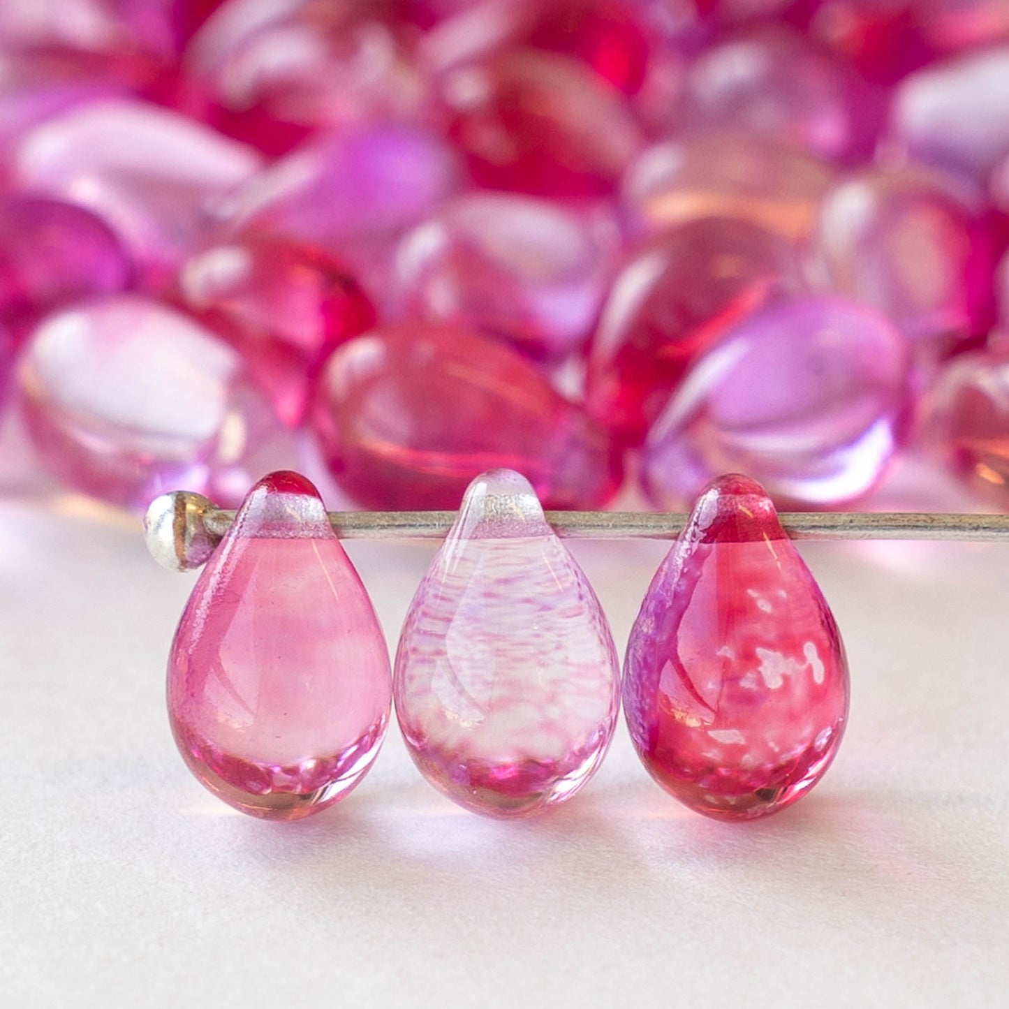 6x9mm Glass Teardrop Beads - Pink Crystal Mix - 30 Beads