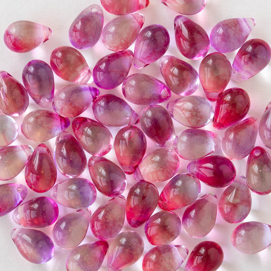 6x9mm Glass Teardrop Beads - Pink Crystal Mix - 30 Beads