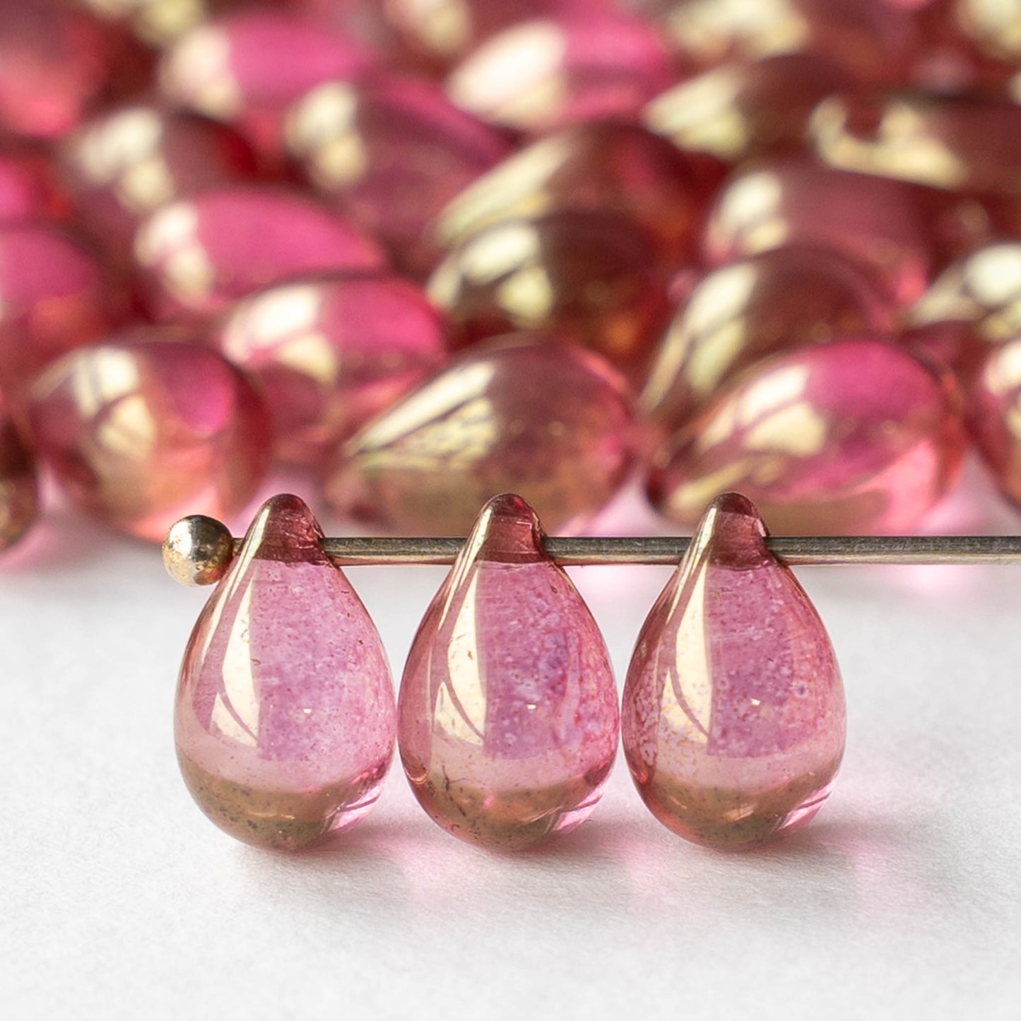 6x9mm Glass Teardrop Beads - Pink Gold Luster - 40 Beads