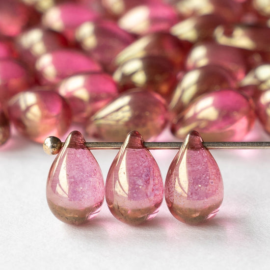 6x9mm Glass Teardrop Beads - Pink Gold Luster - 40 Beads