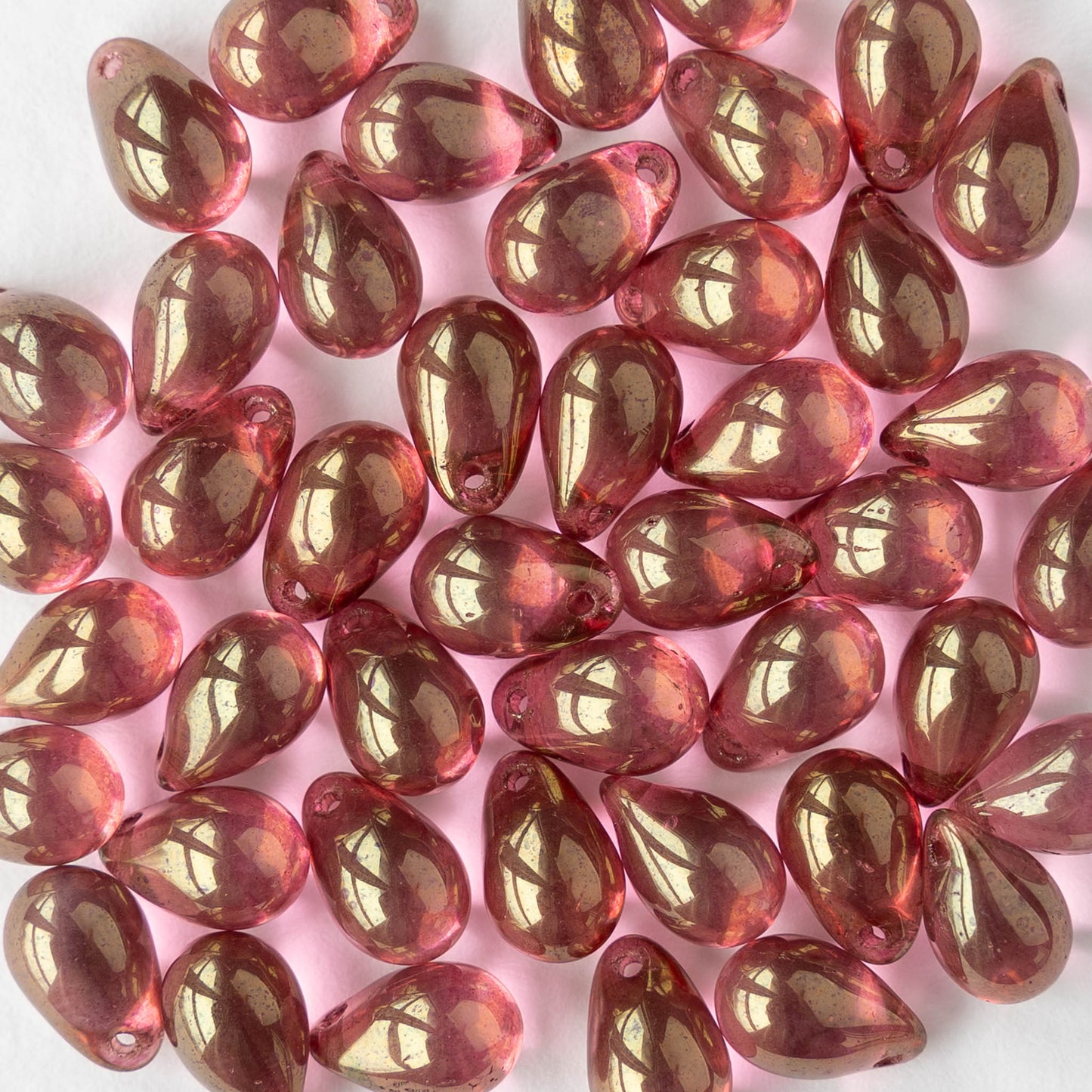 6x9mm Glass Teardrop Beads - Pink Gold Luster - 40 Beads