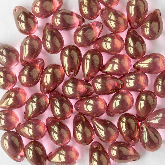 6x9mm Glass Teardrop Beads - Pink Gold Luster - 40 Beads