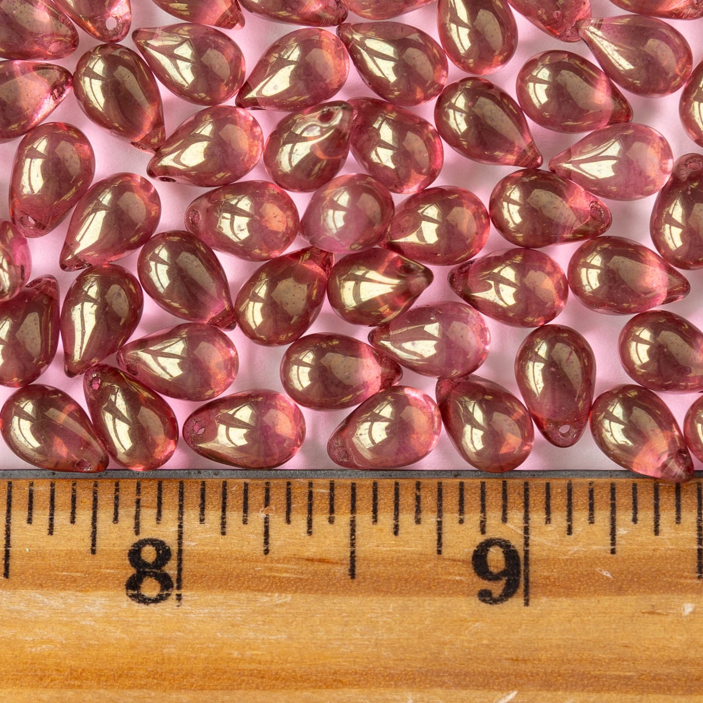 6x9mm Glass Teardrop Beads - Pink Gold Luster - 40 Beads