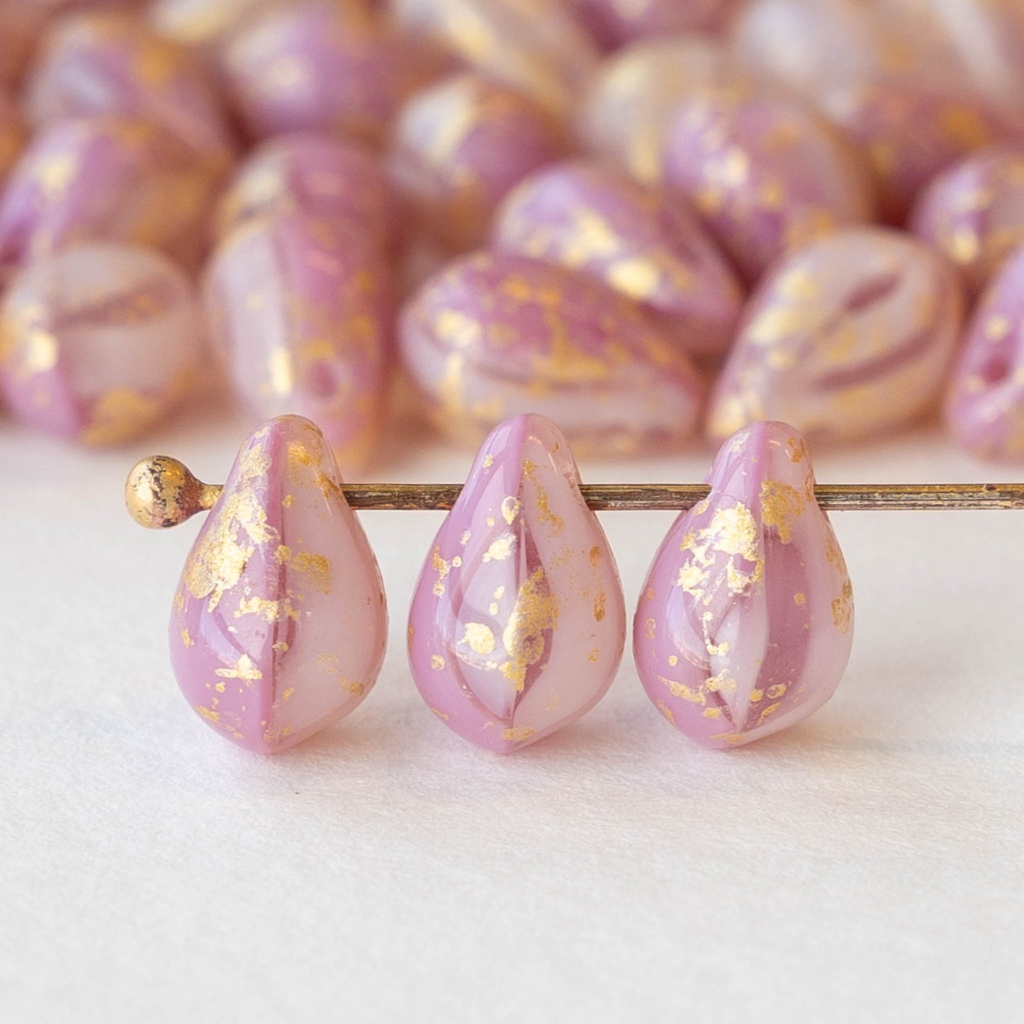 6x9mm Glass Teardrop Beads - Opaque Pink Marble with Gold - 40 Beads