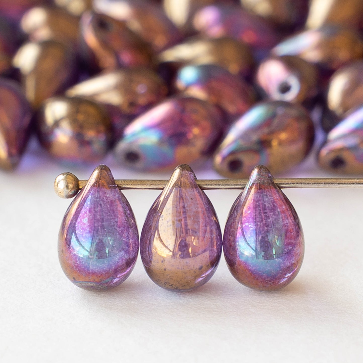 6x9mm Glass Teardrop Beads - Purple Bronze AB - 20 Beads