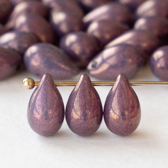 6x9mm Glass Teardrop Beads - Purple Bronze Luster - 40 Beads