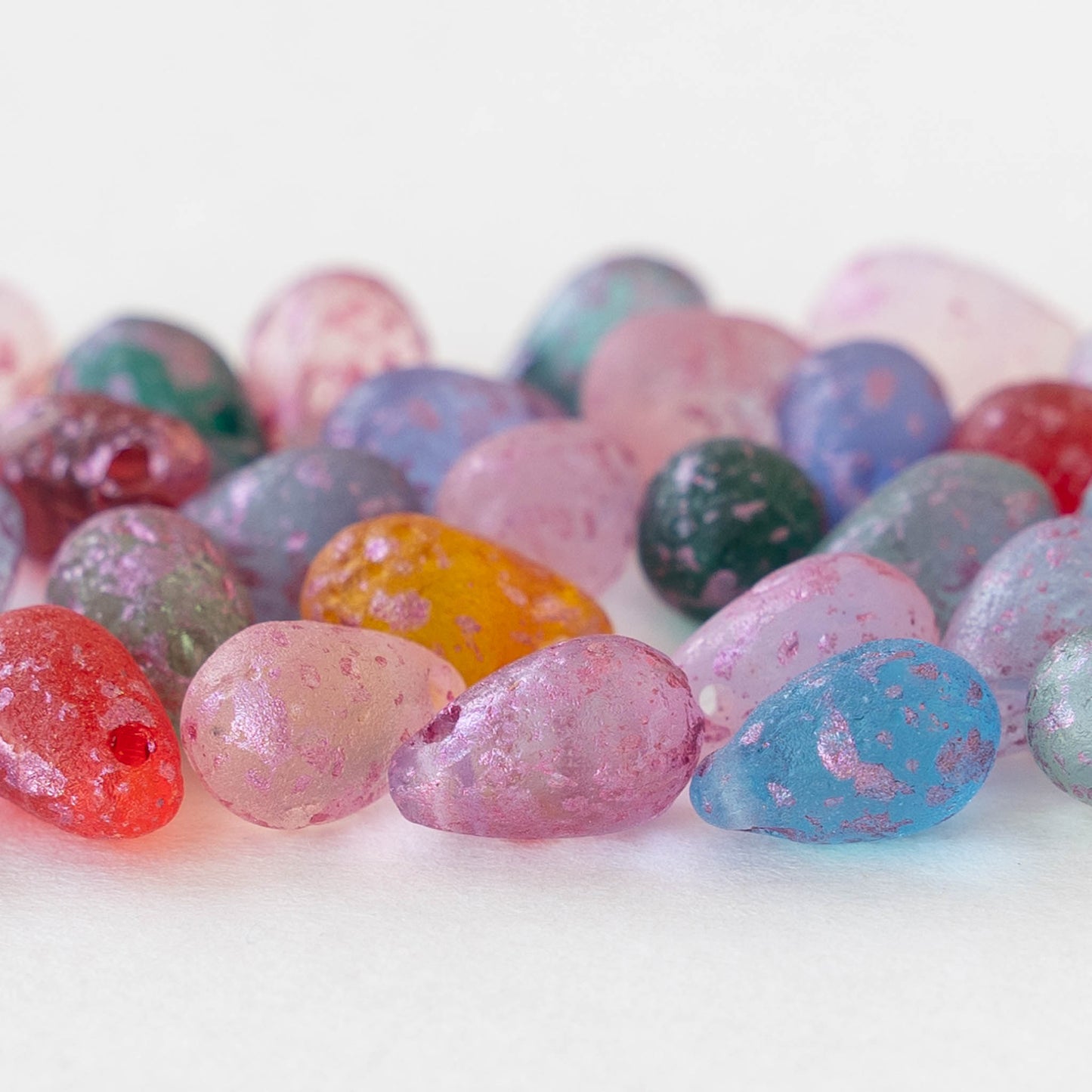 6x9mm Glass Teardrop Beads - Mixed Matte Colors with Pink Dust - 30 Beads