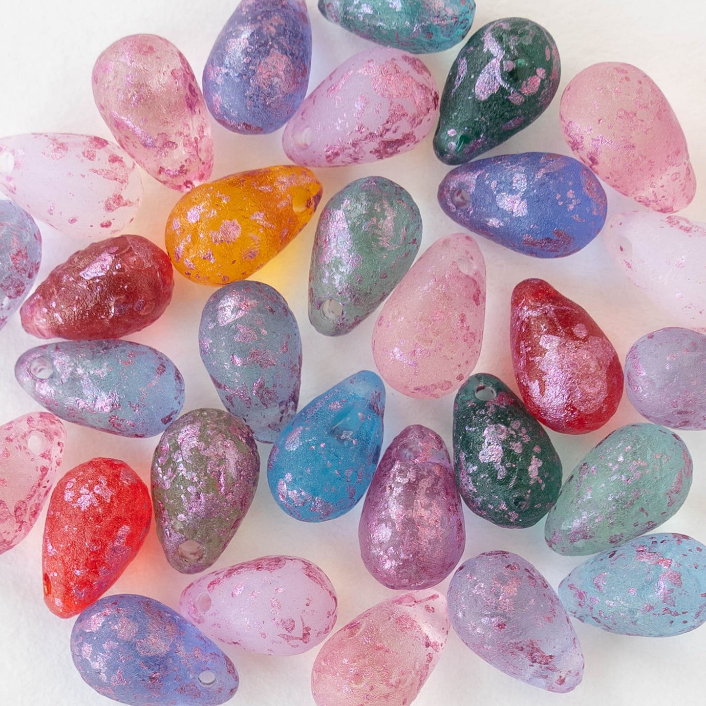 6x9mm Glass Teardrop Beads - Mixed Matte Colors with Pink Dust - 30 Beads