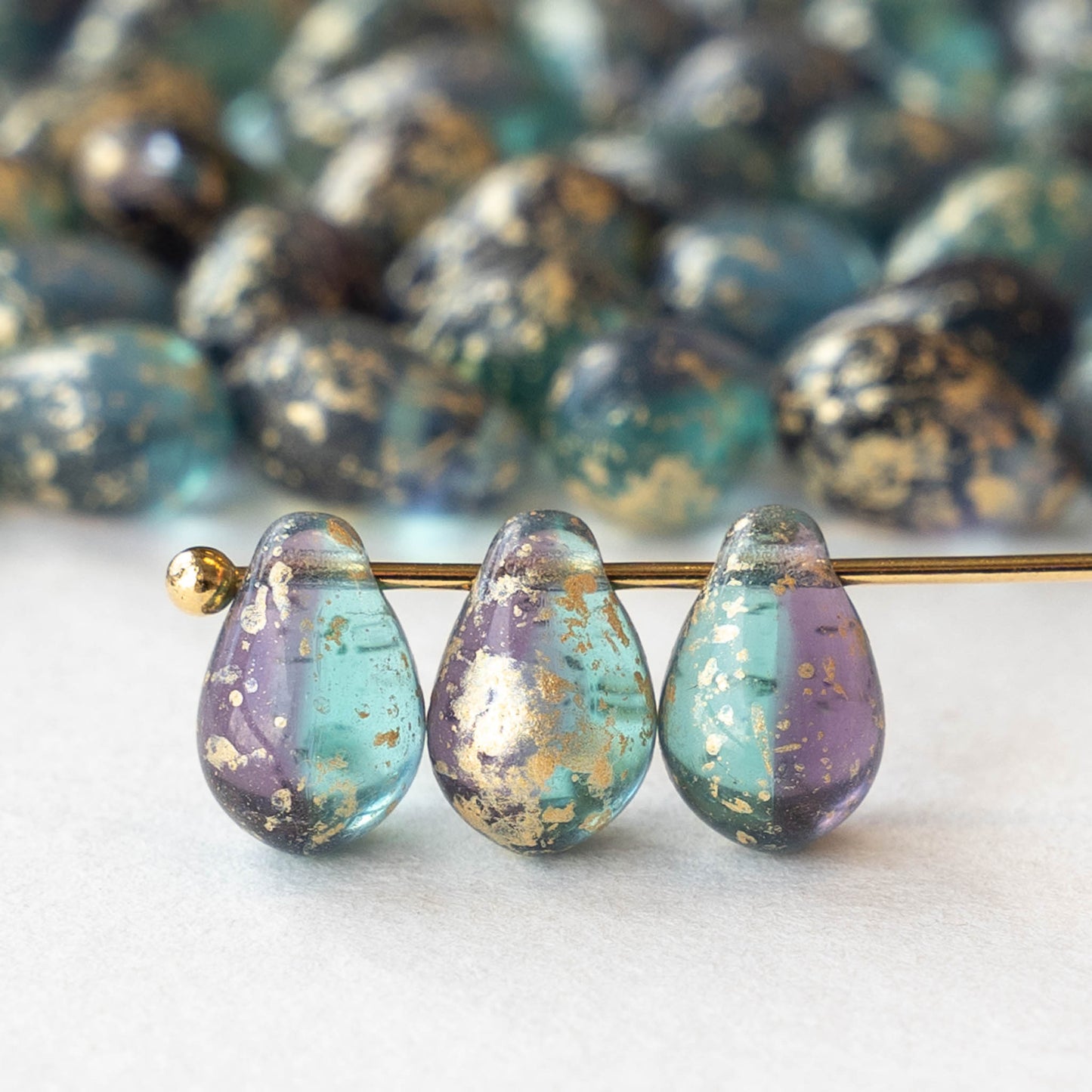 6x9mm Glass Teardrop Beads - Transparent Purple Seafoam with Gold Dust - 30 Beads