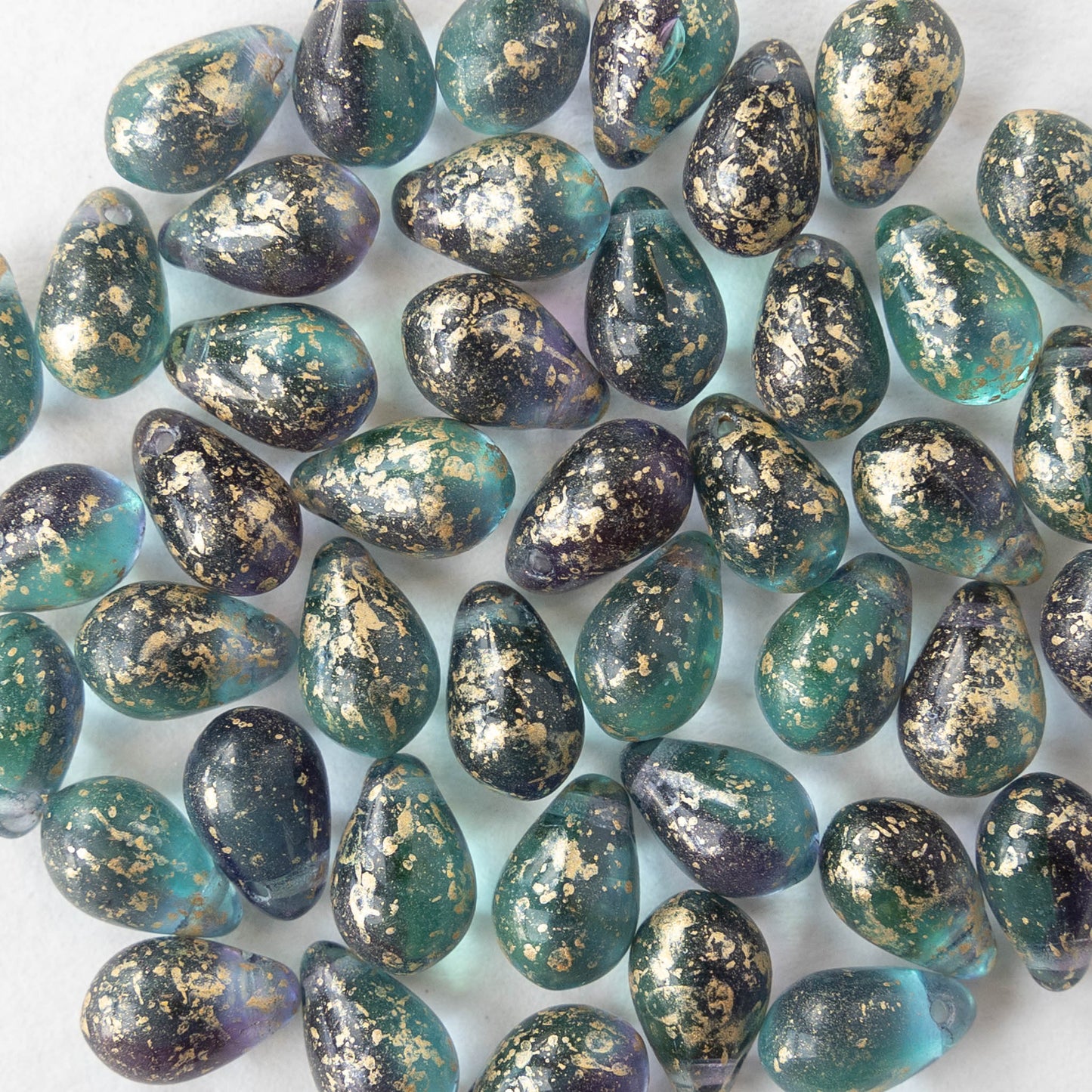 6x9mm Glass Teardrop Beads - Transparent Purple Seafoam with Gold Dust - 30 Beads