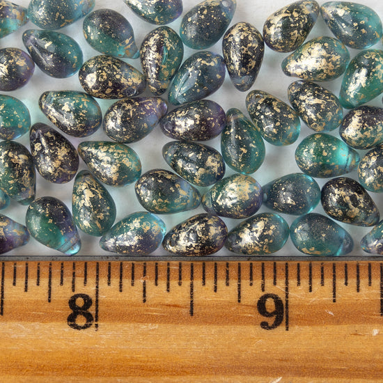 6x9mm Glass Teardrop Beads - Transparent Purple Seafoam with Gold Dust - 30 Beads