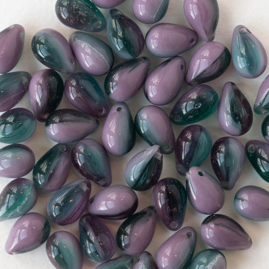 6x9mm Glass Teardrop Beads - Purple and Teal Mix - 60 Beads