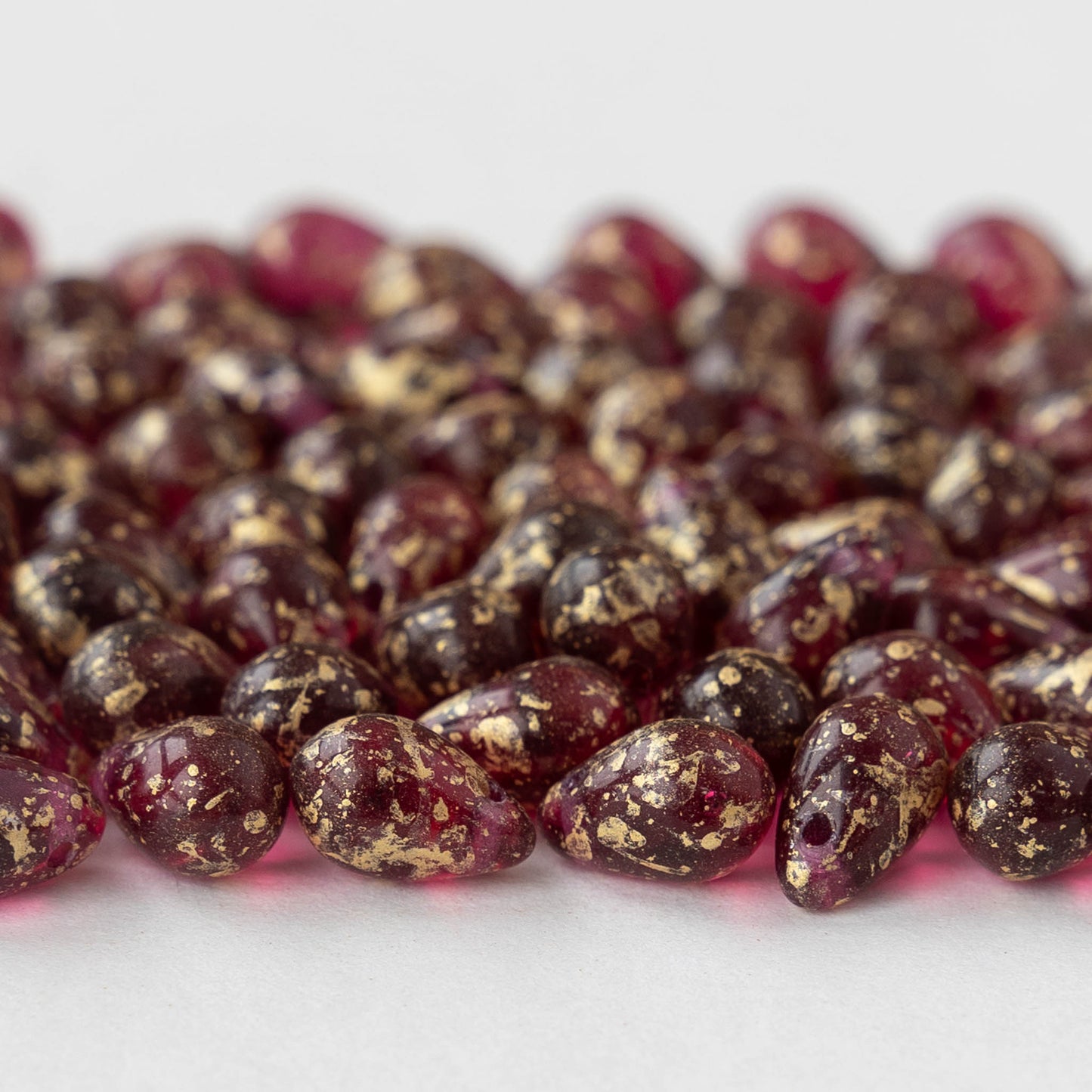 6x9mm Glass Teardrop Beads - Antique Fuchsia with Gold Dust - 30 Beads