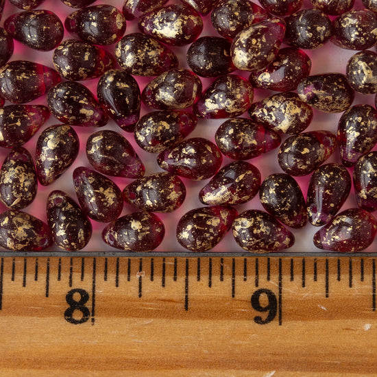 6x9mm Glass Teardrop Beads - Antique Fuchsia with Gold Dust - 30 Beads