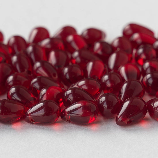 6x9mm Glass Teardrop Beads - Transparent Dark Red - 50 Beads