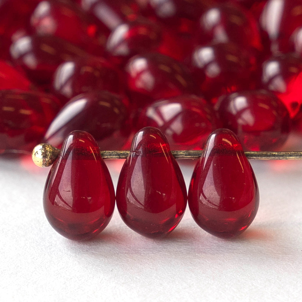 6x9mm Glass Teardrop Beads Transparent Dark Red 50 Beads