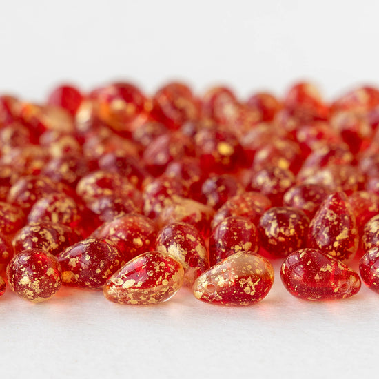 6x9mm Glass Teardrop Beads -Transparent Red and Crystal with Gold Dust - 30 Beads